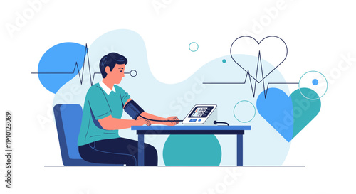 Man checks blood pressure with digital monitor, heart health concept