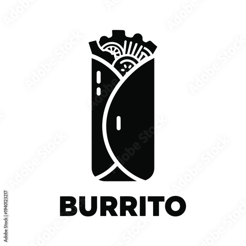 A stylized black silhouette depicts a fully wrapped burrito with visible fillings accompanied by the bold text burrito underneath high quality professional detailed modern