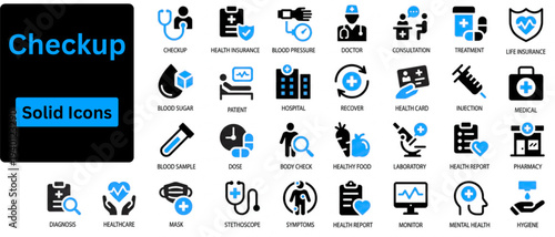 Checkup solid icon set.  Medical Line Icons Set for Electronic Health Records. Digital Healthcare Technology Symbols. Hospital Doctor Medication Allergies Telemedicine DNA. Solid icons set. 