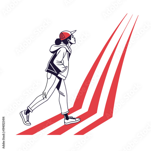 Vector illustration of a young woman running up dynamic red lines