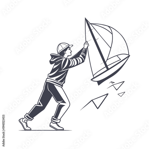 Vector illustration of man windsurfing, surfing icon