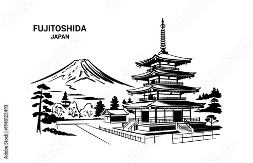 Fujitoshida Japan Mount Fuji Pagoda and Trees Line Art temple