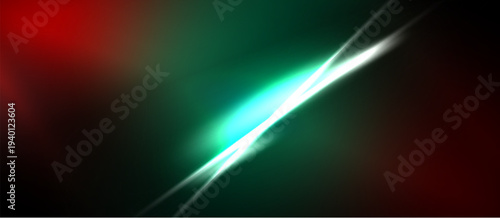 Abstract background features vibrant red, green gradients. Bright white light streaks diagonally across dark space. Energetic, modern design.