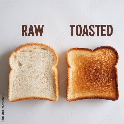 Raw vs Toasted White Bread Slice Food Comparison on Clean White Background