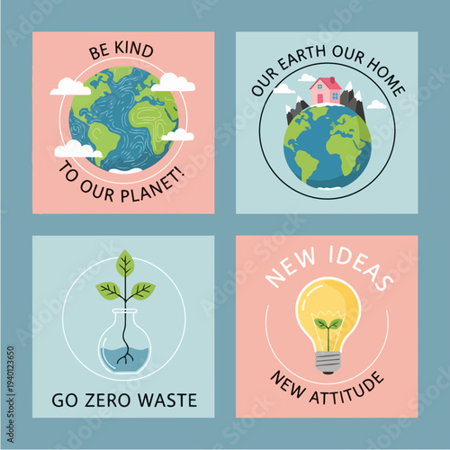 Earth planet with house and plant with light bulb.