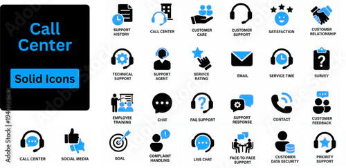 Call Center solid icon set.  Call center excellent icon collection. Set of global support, headset operator, group call, mobile contact, remote work, incoming call, support laptop. Solid icons set. 