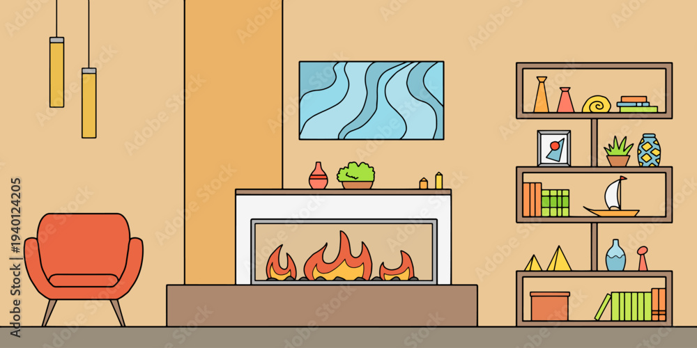 Obraz premium Fireplace in living room graphic color interior sketch illustration vector 