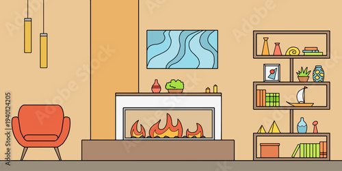 Fireplace in living room graphic color interior sketch illustration vector 
