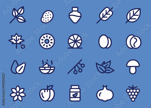A series of twenty dark blue and white line icons representing various healthy foods and nutritional supplements displayed on a solid blue background.