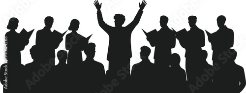 Choir conductor directing vocal ensemble with singers holding sheet music, choral performance silhouettes isolated on white background, classical music choir illustration