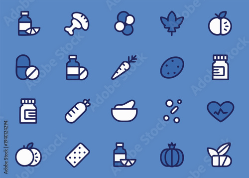 Twenty nutrition and gym icons depicting supplement bottles and various fresh food items rendered in a clean blue and white line style on a blue background.