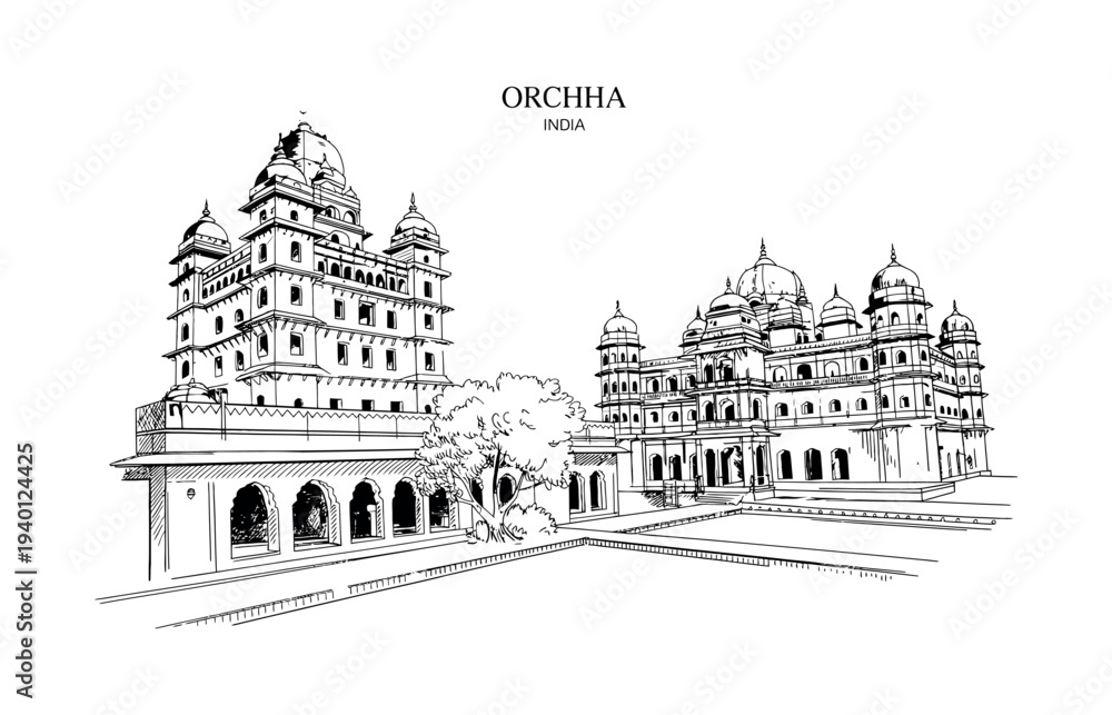 Obraz premium Orchha India Palace Architecture Sketch Keywords: Orchha, India, palace, architecture, building