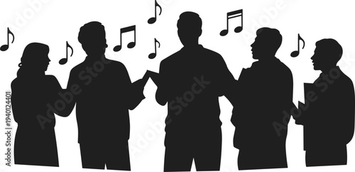 Choir singers silhouette group performing with music notes, vocal ensemble singing together holding sheet music, choral performance concept isolated on white background