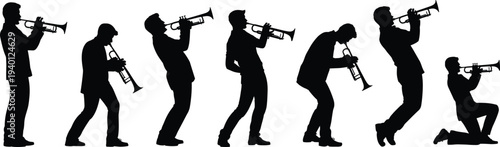 Collection of trumpet player silhouettes in dynamic jazz performance poses isolated on white background, musicians playing brass instrument, music band concept illustration set