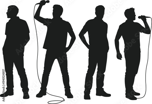 Male singer silhouettes holding microphone in different singing poses isolated on white background, music performance concept, vocalist stage performance illustration set