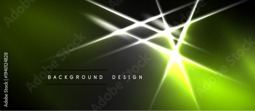 Abstract neon lines intersect over dark green, black background. Bright central glow creates dynamic visual effect. Modern design element.