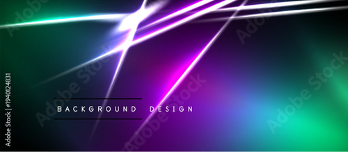 Abstract background features vibrant neon lines, gradients. Dark space contrasts bright colors, creating dynamic visual effect.