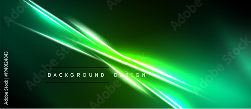 Abstract green light streaks cross dark background. Modern design evokes energy, motion, futuristic feel. Simple, vibrant composition.