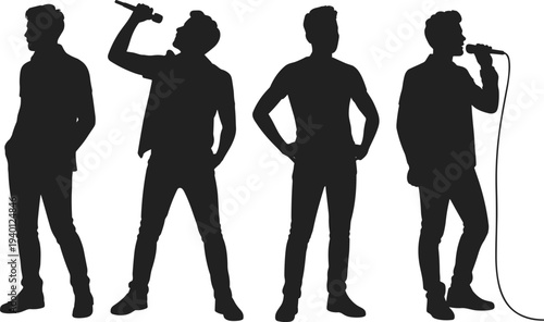 Male singer silhouettes with microphone performing on stage in different poses, vocalist performance concept isolated on white background, music entertainment illustration