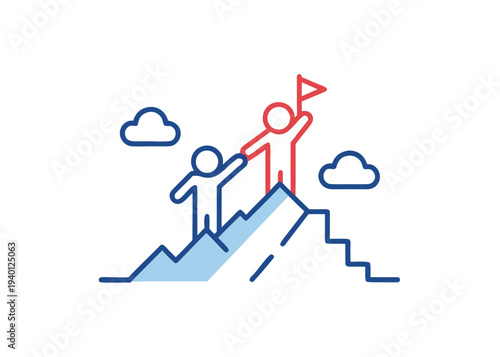A red figure helps a blue figure climb a light blue tiered mountain peak accompanied by two small blue clouds.