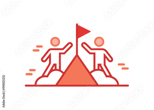 Two figures with orange outlines stand on cloud-like peaks reaching toward a red mountain summit with a flag.