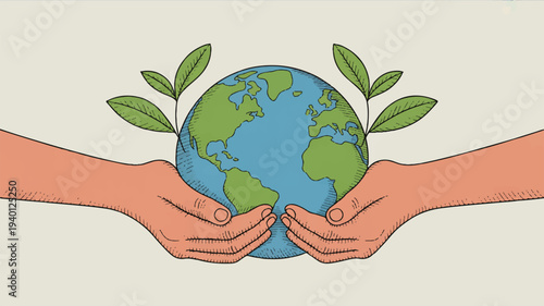 Hands cradling earth globe with green leaves sprouting symbolizing environmental care and sustainability