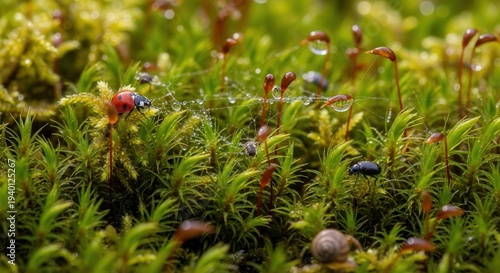 Close-up of a Lush Moss Garden with Tiny Insects and Snails in Natural Environment