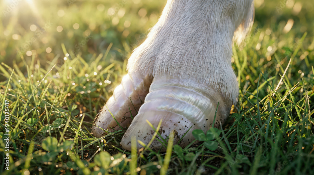 Obraz premium Unicorn hoof detail sunlight morning meadow grass fantasy calm gentle unicorn hoof detail sunlight over fresh meadow grass fantasy calm mood