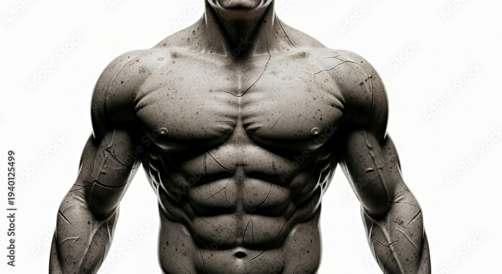 Fototapeta premium Hyper Realistic Muscular Male Torso Sculpture Monochromatic Gray Detailed Abs Chest Arms Texture Artwork