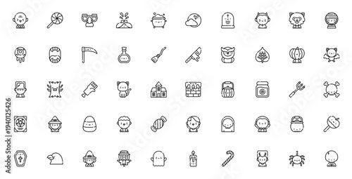 Halloween icon set. Vector illustration pack with pumpkin, ghost, witch, bat, skull, candy, zombie, vampire and more spooky symbols.