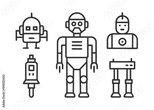 Five black line icons of various robot parts and an assembled humanoid machine on a white background.