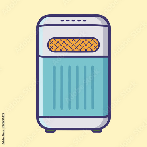 Cartoon image of a light blue and white air purifier appliance