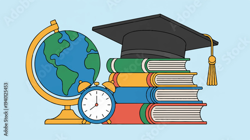 Education icons with graduation cap books globe and clock on light blue background for learning and academics