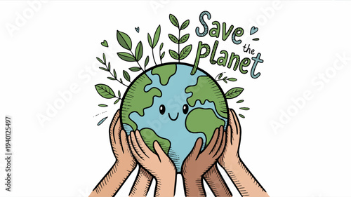 Hands holding smiling earth with leaves save the planet eco friendly concept