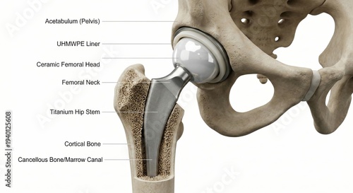 Total hip replacement joint prosthesis biomechanical surgery visualization displaying titanium implant inside femur bone and pelvis acetabulum for orthopedic healthcare education