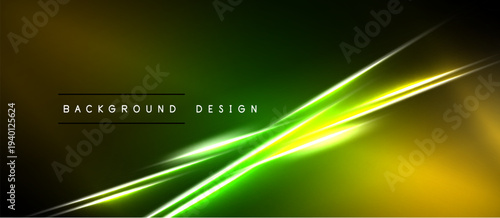 Abstract neon lines over dark background. Gradient yellow, green hues create dynamic visual effect. Modern design element.