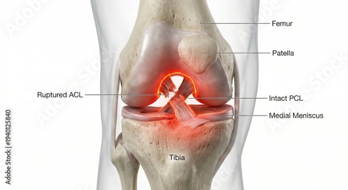 Anterior cruciate ligament tear knee joint anatomy illustration depicting completely ruptured fibrous tissue representing severe orthopedic sports injury and surgical pathology