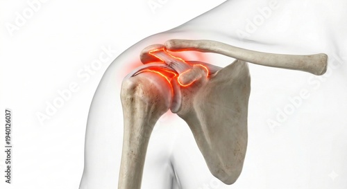 Shoulder impingement syndrome anatomy rendering showing subacromial space narrowing and supraspinatus tendon irritation representing chronic orthopedic condition within medical science