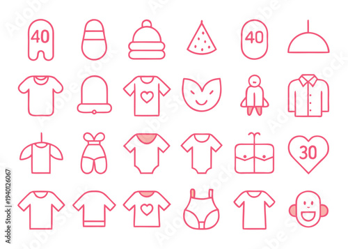 A collection of twenty-four pink and red line icons depicting playful baby clothes and fruit-themed accessories on a white background.