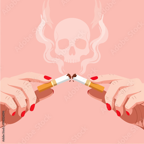 Woman breaking cigarette to quit smoking with skull smoke symbol.