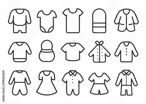 A set of fifteen bold black line icons showing different types of baby garments and beanies arranged in a grid on white.