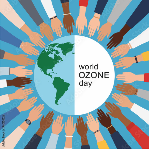 Diverse hands circle the globe celebrating World Ozone Day.