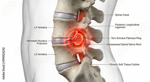 Lumbar disc herniation spine cross section anatomy illustrating nucleus pulposus extrusion compressing spinal nerve root representing back pain pathology in orthopedic medicine