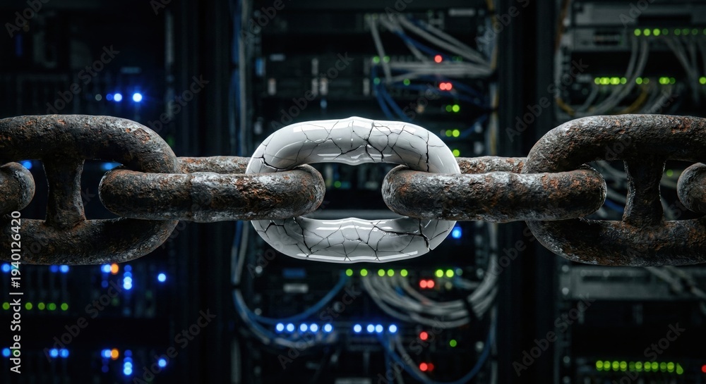 Naklejka premium Weakest link in cybersecurity chain metaphor with single fragile porcelain link among heavy iron links. Concept represents human factor vulnerability supply chain risk or security breach.