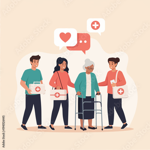 Healthcare professionals assisting elderly woman with walker.