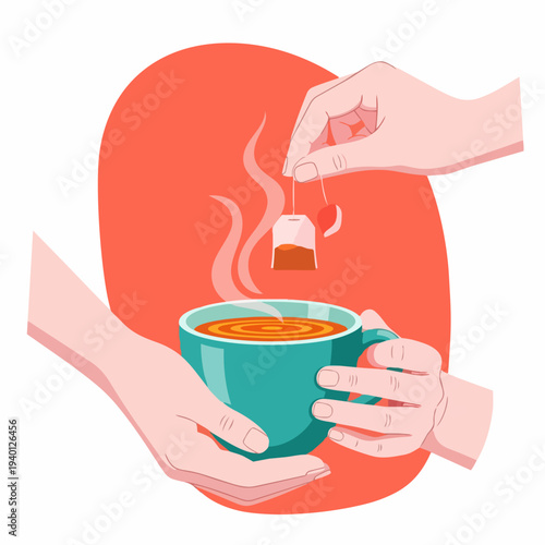 Hands holding a cup of hot tea with a tea bag steeping.