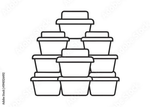 Ten thin line icons representing plastic food storage containers stacked into a large pyramid shape on a solid white background.