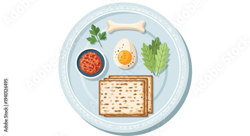 Passover Seder Plate Top View with Traditional Jewish Holiday Food Symbols Flat Vector Illustration