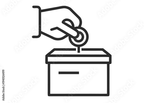 A minimalist thick black line icon of a human hand placing a round coin into the slot of a rectangular donation box on white.
