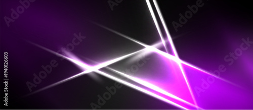 Abstract purple lines intersect, creating bright light flares. Dark background emphasizes glowing geometric shapes, modern design.